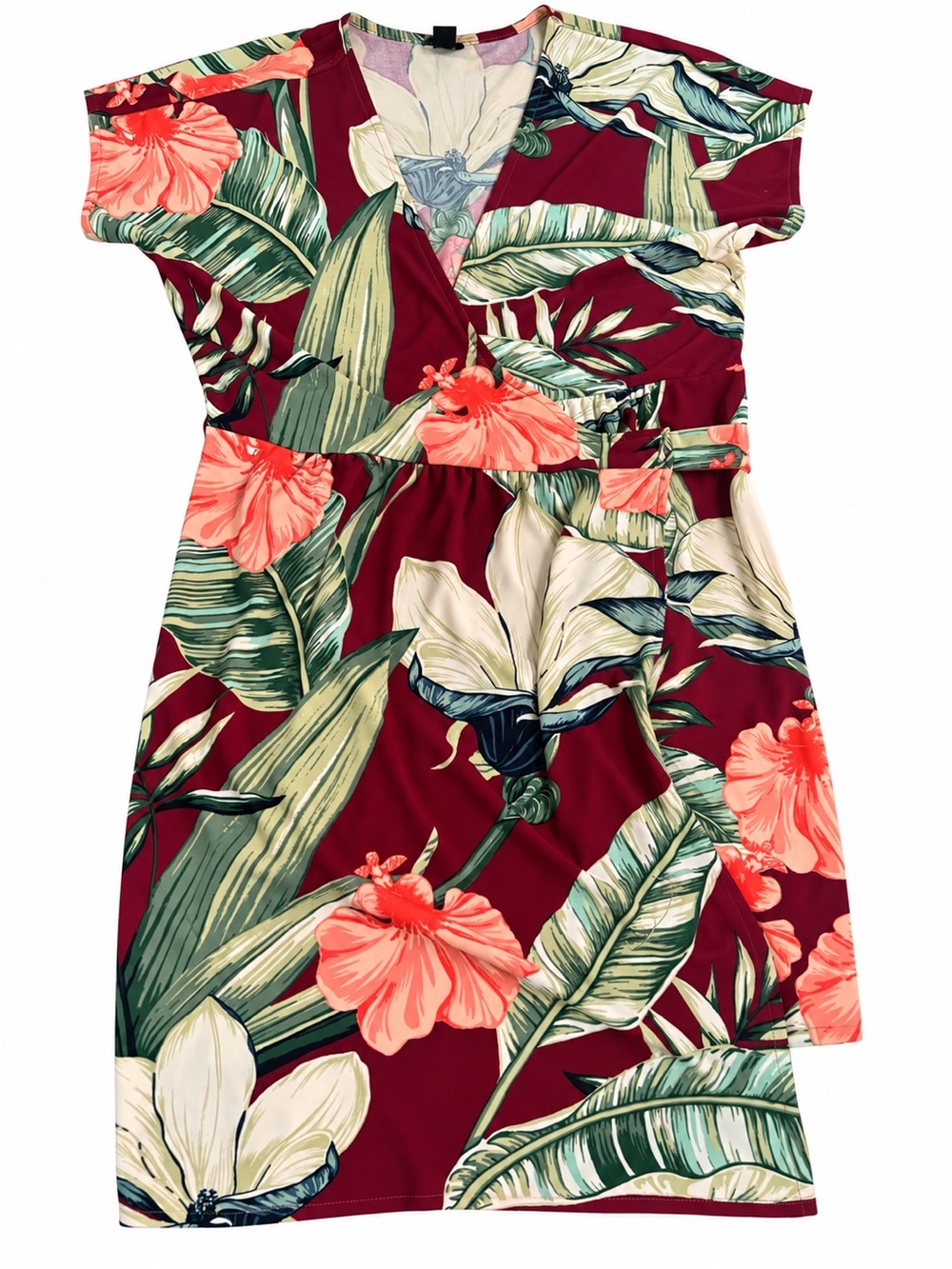 Ann Taylor Petite 8P Tropical Floral Wrap Dress Burgundy Tie Waist